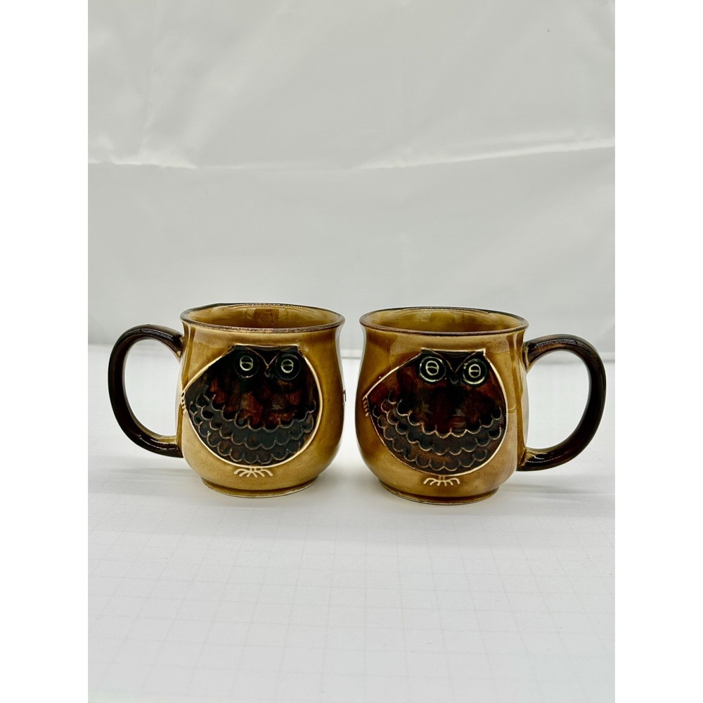 Vintage Otagiri Style Owl Coffee Mugs Set of 2 Mustard Yellow Brown MCM 1970s